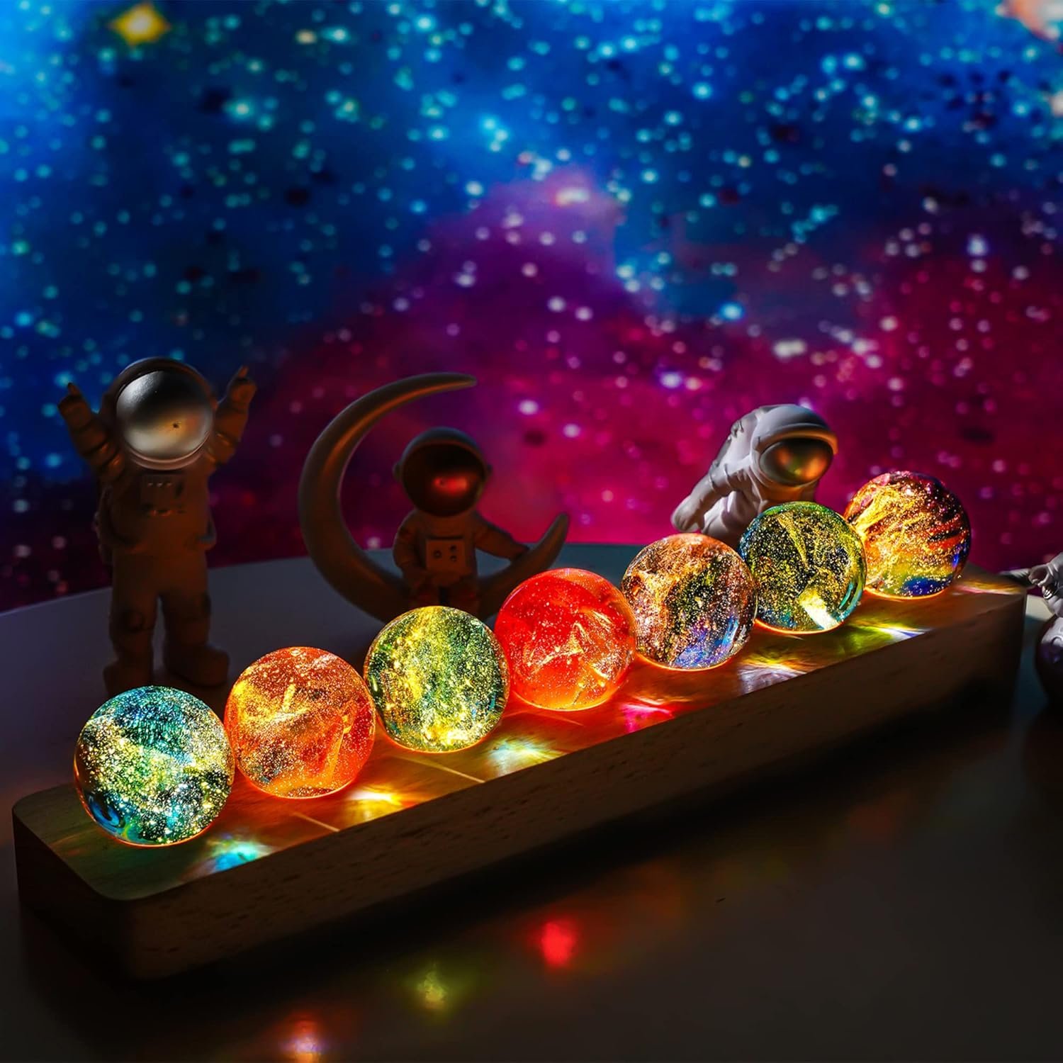 7 Chakra Natural Healing Spheres with LED Wooden Stand 40mm Crystal Quartz Stones for Meditation Positive Energy Night Light Decoration Balls Set for Christmas
